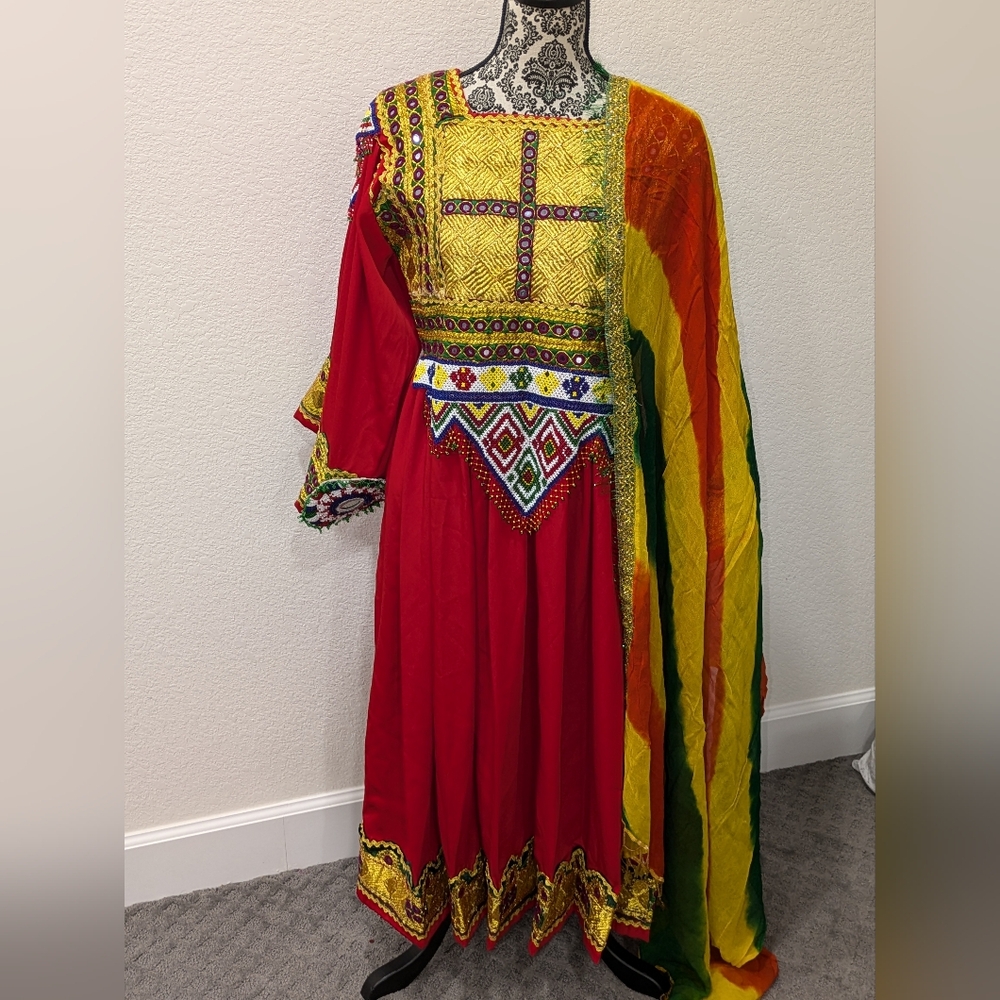Vibrant Red Traditional Afghan Dress